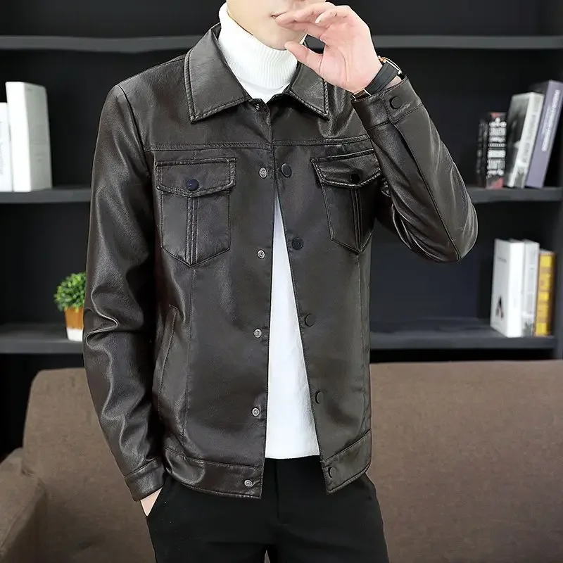 2025 Spring Leather Men's New Lapel Handsome Casual Thin Plus Fleece Coat Young Slim Korean Wear Fashion Trend Zipper Jacket
