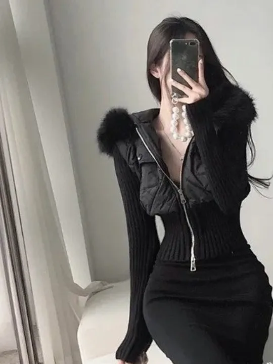 Chic Knitted Patchwork Double Zipper Short Jacket Women's Small Size Waist Cinching Slimming Faux Fur Collar Cotton Coat Trendy