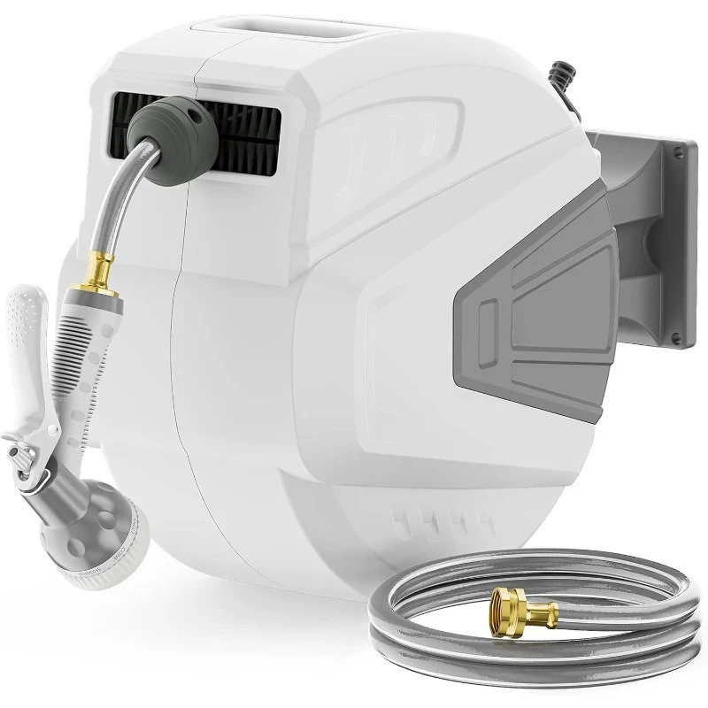 

Retractable Garden Hose Reel,1/2 in x 100 ft Wall Mounted Hose Reel, with 9- Function Sprayer Nozzle, Any Length Lock