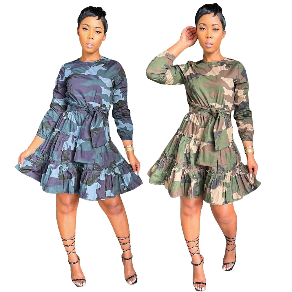 A Line T Shirt Dress Women Full Sleeve High Waist Lace Up Fashion Camouflage Print Cascading Military Casual Dress Robes Summer