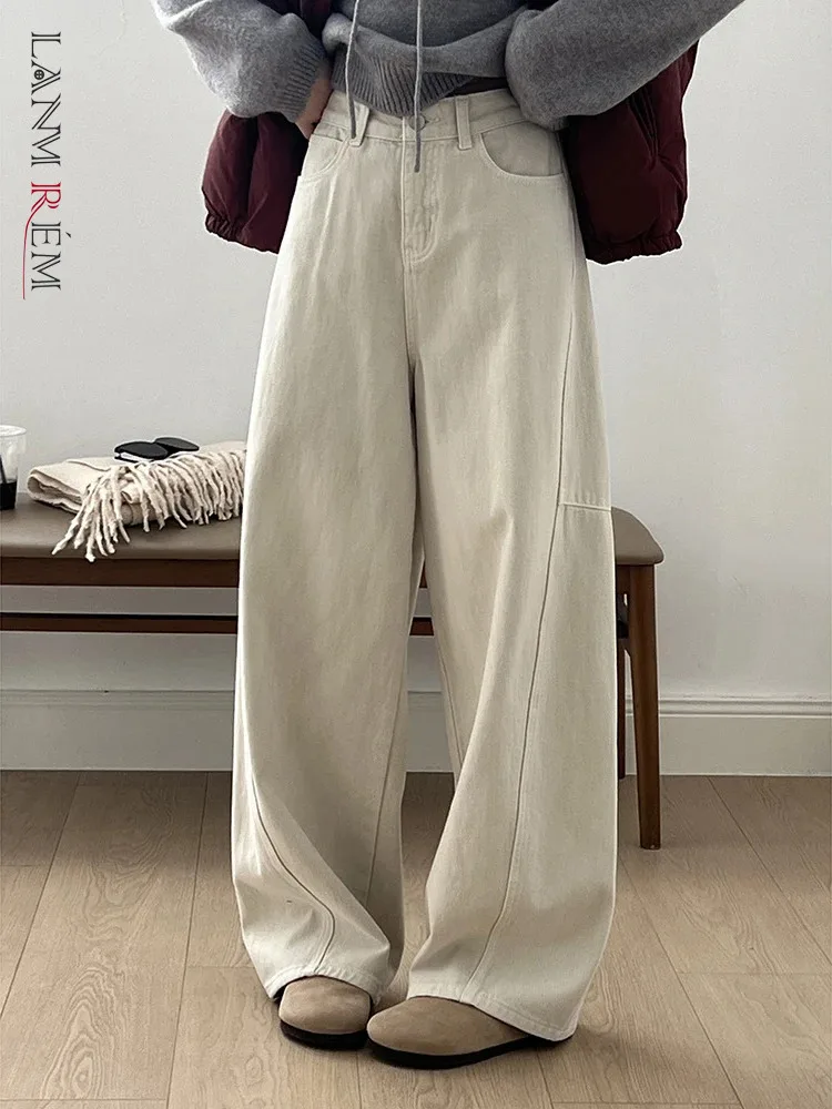 

[LANMREM] Spliced Thick Warm Pants For Women High Waist Straight Wide Leg Trousers Casual Loose Clothes 2024 Winter New 26C1239