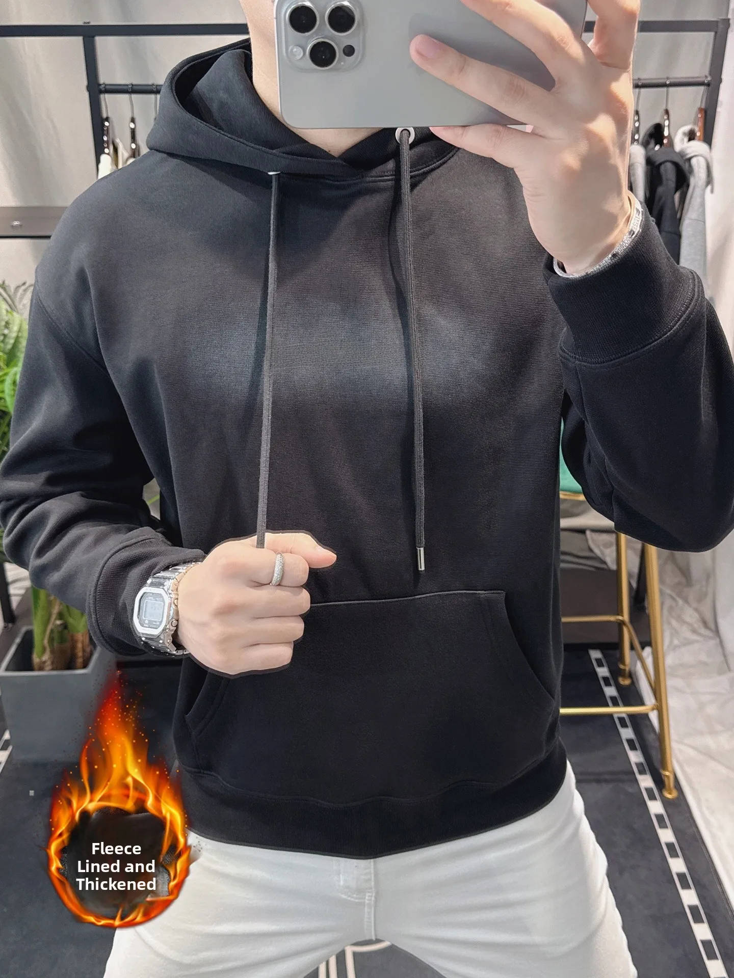 

Утепленная флисовая толстовка с капюшоном для мужчин, повседневная, с длинным рукавом, осенне-зимняя, новая модель, комфортная, теплая, эластичная, из хлопка и полиэстера