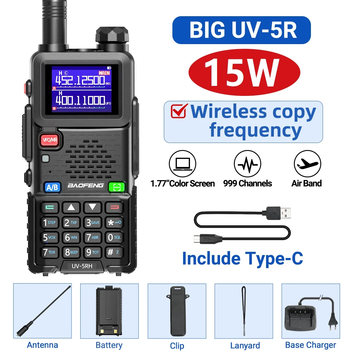 Baofeng UV-5RH Air Band Walkie Talkie Draadloze kopieerfrequentie Type-C NOAA Lange afstand 999CH Verbeterde UV-5R 5RM Ham Two Way Radio
