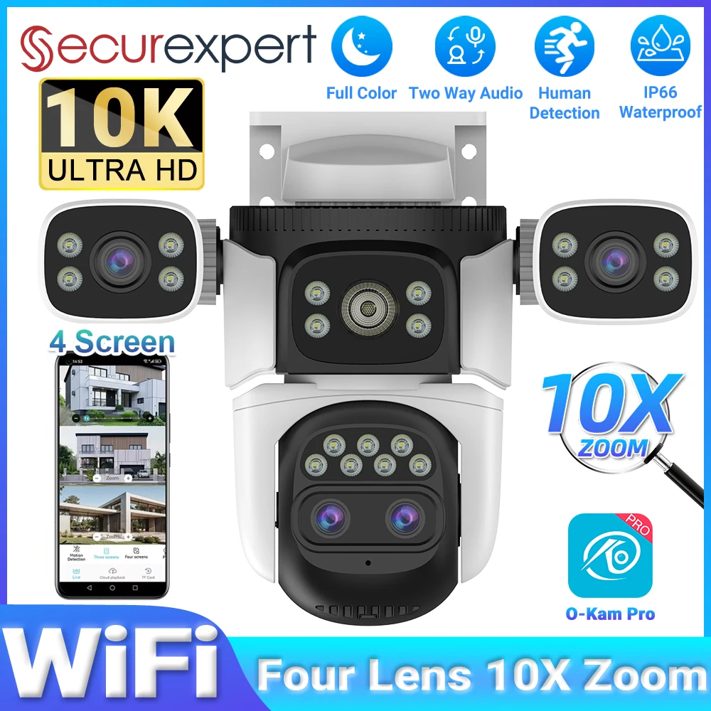 

Securexpert 20MP Четырехэкранная Wi-Fi камера безопасности Открытый 10-кратный оптический зум Четыре объектива Автоматическое отслеживание человека Водонепроницаемая камера видеонаблюдения