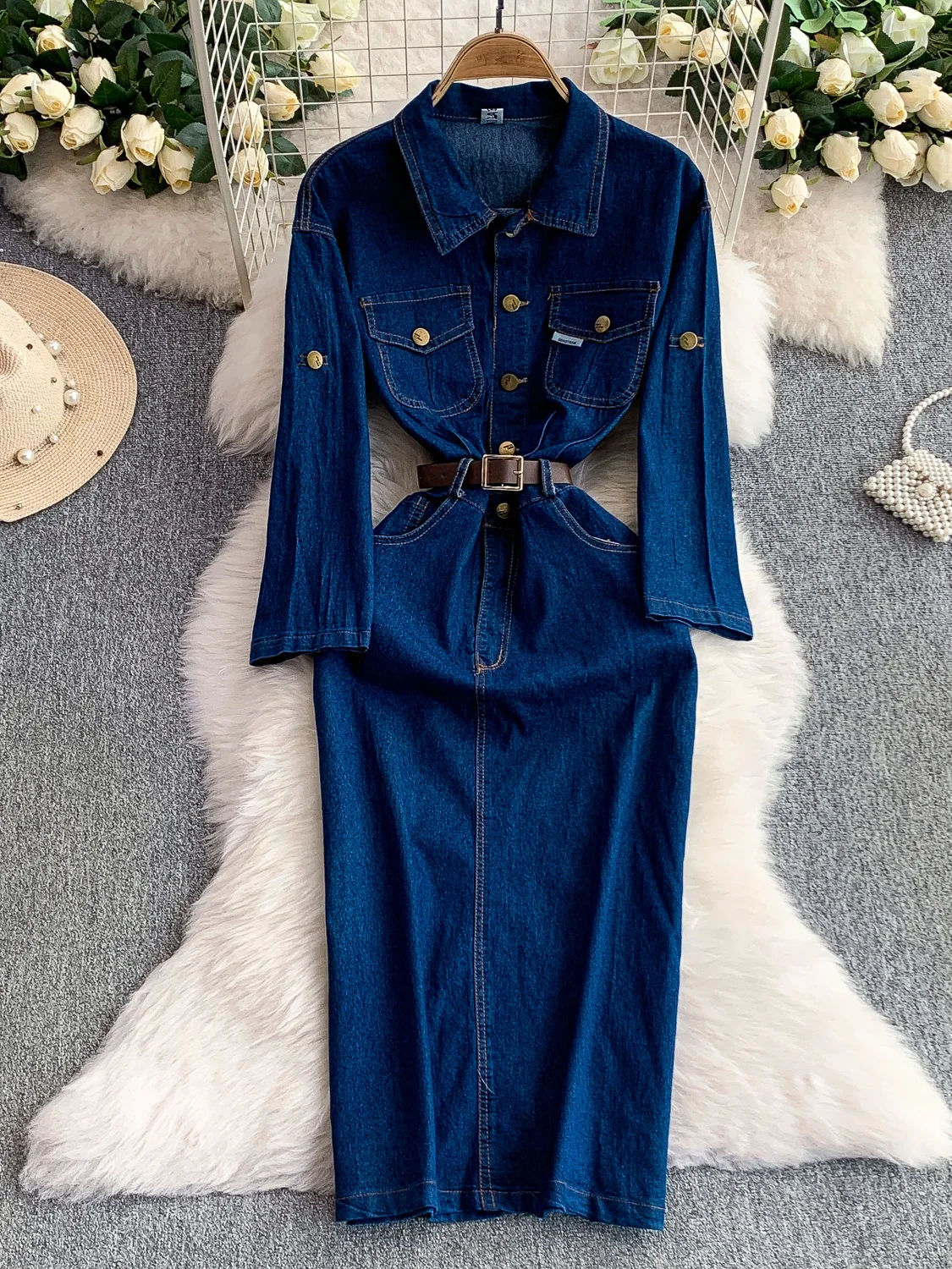

French Retro Women's Denim Dress Spring Belted Waist Design Long Sleeves Ankle Length Dresses Metal Buttons Casual A-line Skirts