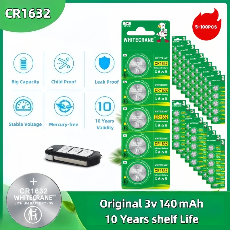 

5-100 Packs CR1632 3V 140mah Lithium Battery Button Coin Cell for Car Key Remote Control Watch Calculator Toys - BR1632 KCR1632