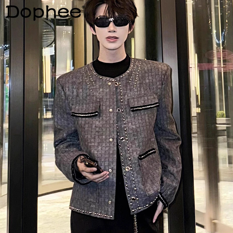 

Men's Small Fragrant Jackets Men's 2025 Autumn New Fashion Coats Handsome Male Chic Rivet Splicing Contrast Color Design Jackets