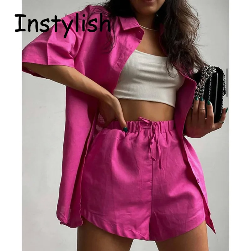 Elegant Striped Shirt Two Pieces Sets Causal Cotton High Wasit Shorts Simple Chic Women Suits Tracksuit Summer Blouse Outfits