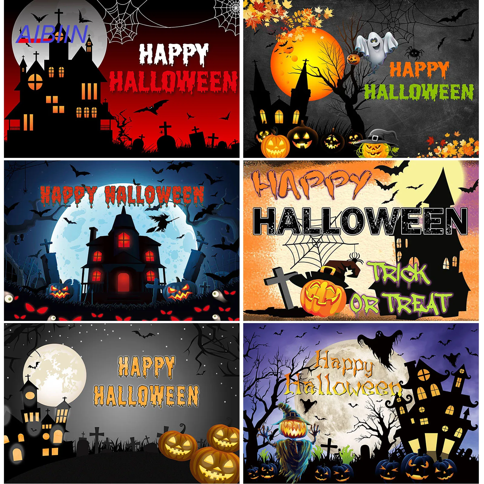 

Happy Halloween Photography Backdrop Pumpkin Lantern Castle Ghost Bat Moon Night Background Costume Portrait Party Decor