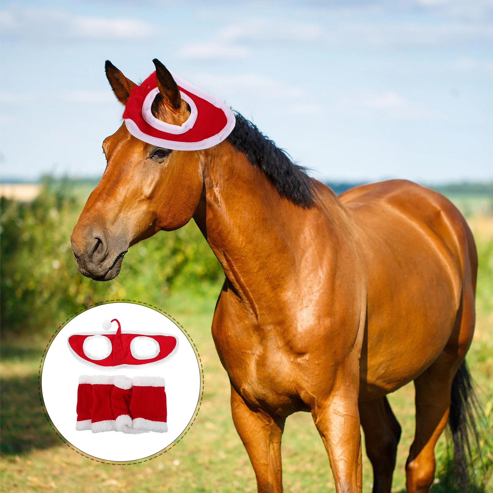 

1Set Christmas Horse Decoration Set Holiday Horse Costume Accessories Xmas Leg Wraps Elf Hat Party Outfit Elf Hat