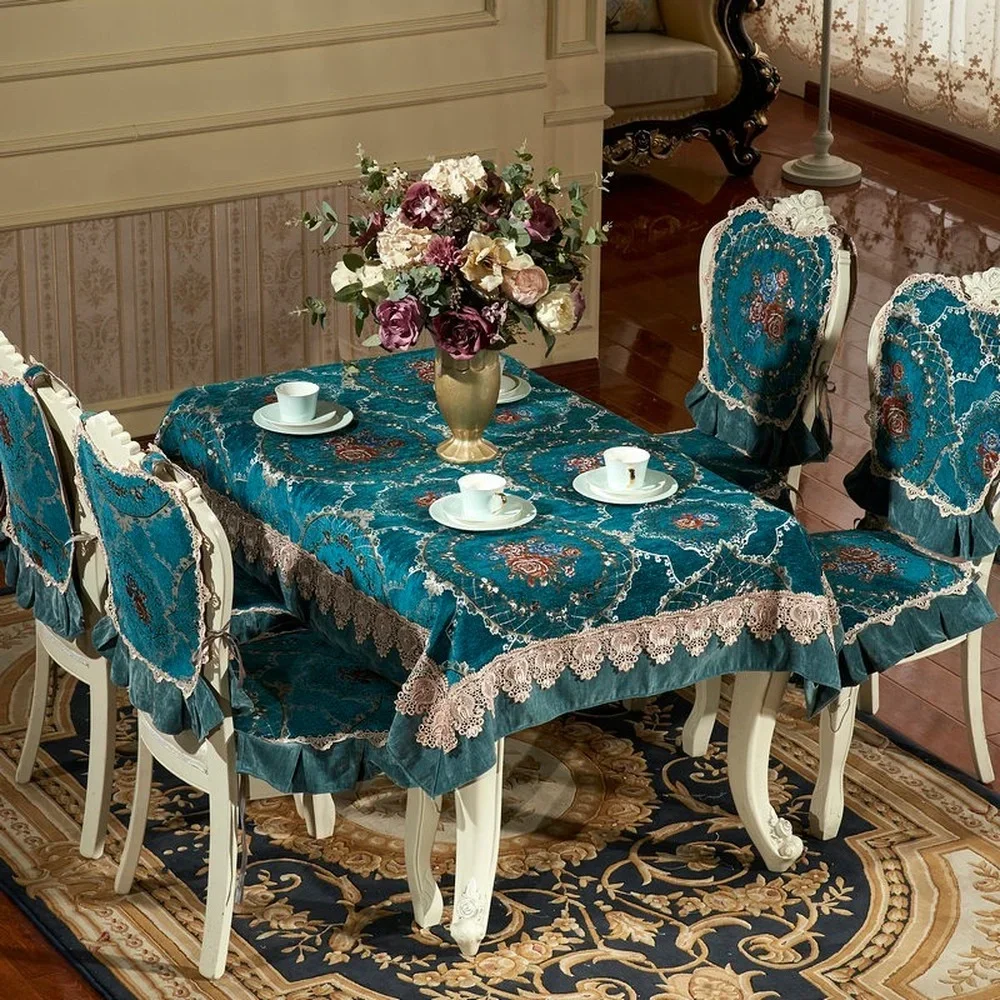 European Classical Upscale Blue Lace Tablecloth Royal Luxury Table Cloth Chair Cover for Weding Banquet Jacquard Table Cover