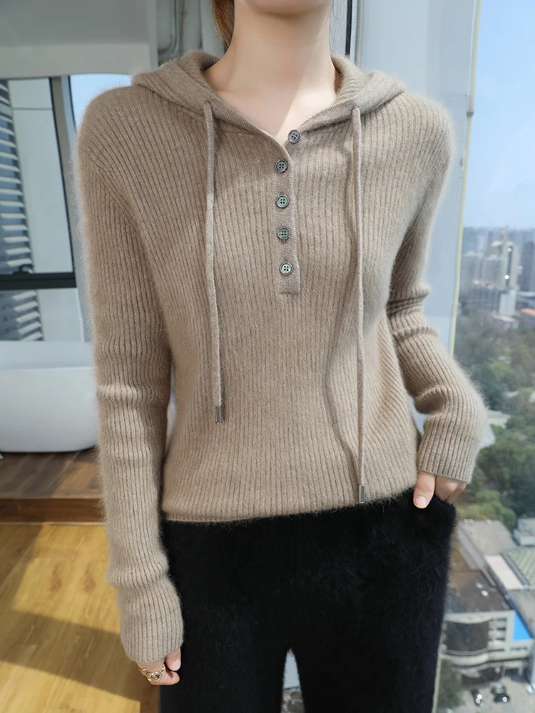 100 % reiner Nerz-Kaschmir-Kapuzenpullover für Damen, Knopf-Kapuzenkragen, gestrickter Pullover, lässig, vielseitig, Jacke, warm, verdickt, Kapuzenpullover