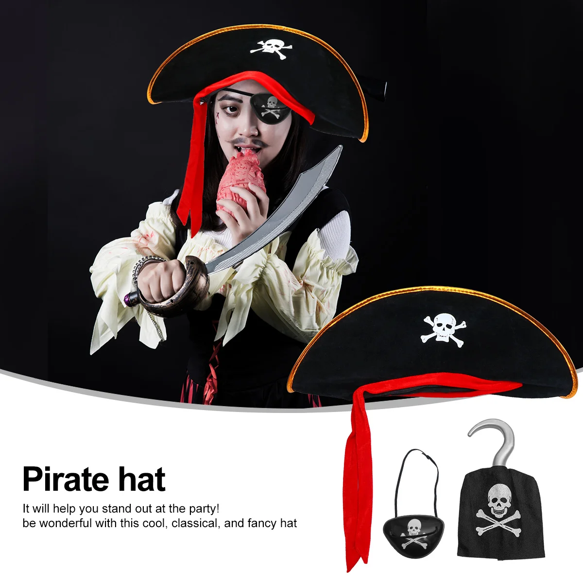 3pcs Pirate Hat Set Black Halloween Cosplay Accessories For Party Costume Props Skull Design Unisex Lightweight