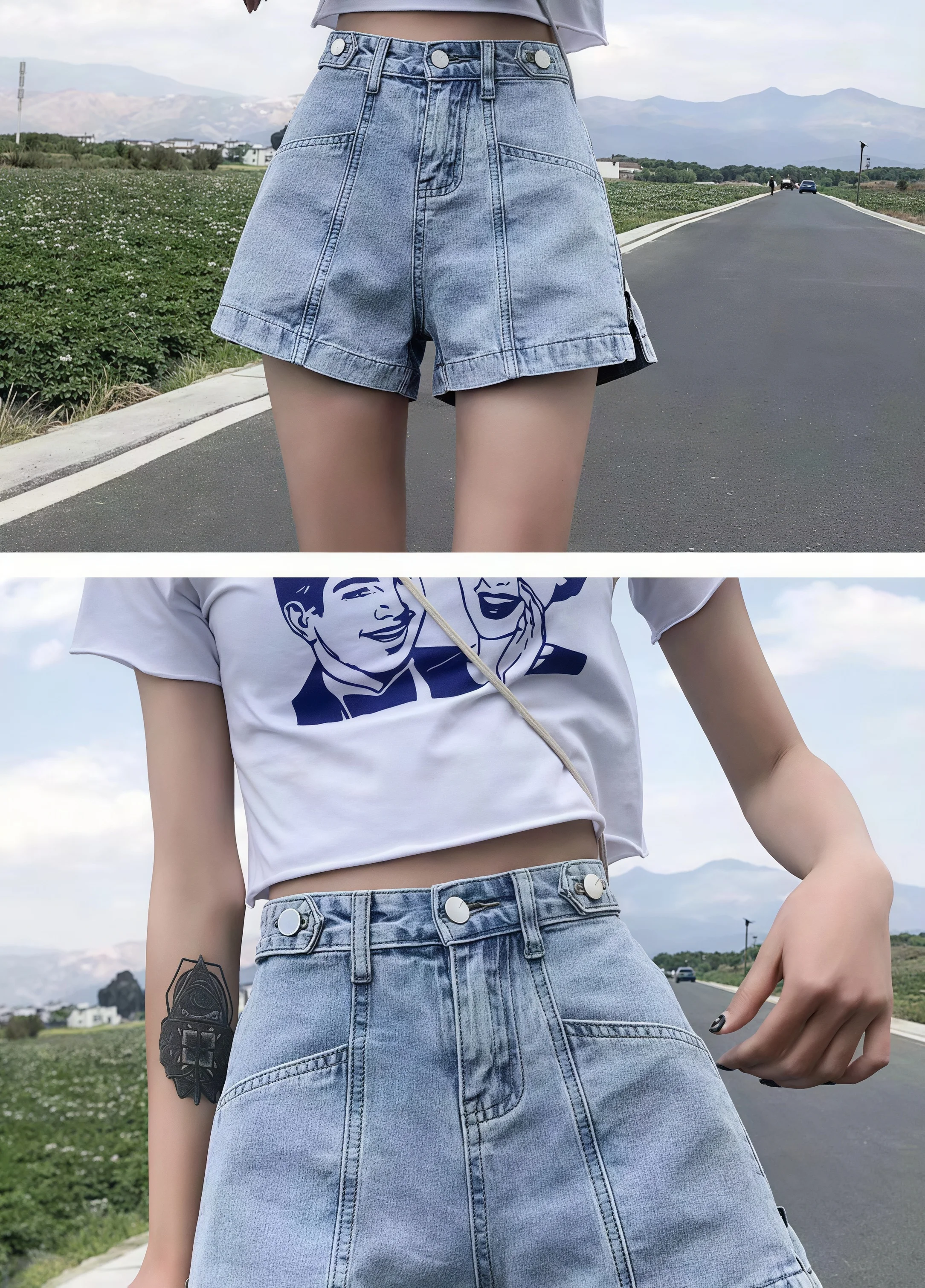 Damen High-Waist Denim-Shorts Sommer Seitenreißverschluss Split-Buchstabendruck A-Linien-Shorts Lose Lässige Anti-Scheuer-Hot-Pants Streetwear – Detail 8