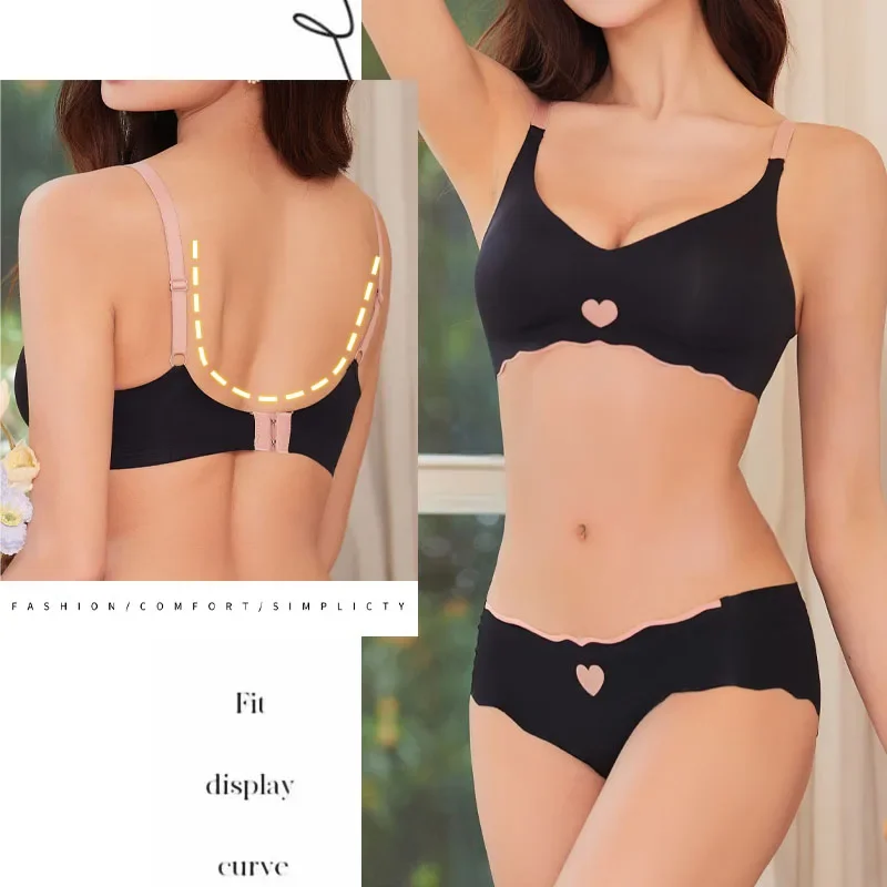 

Seamless Bras Set for Women Push Up Bras Heart Pattern Bralette Sexy Low Rise Ice Silk Briefs Wavy Edge Underwear Set Female