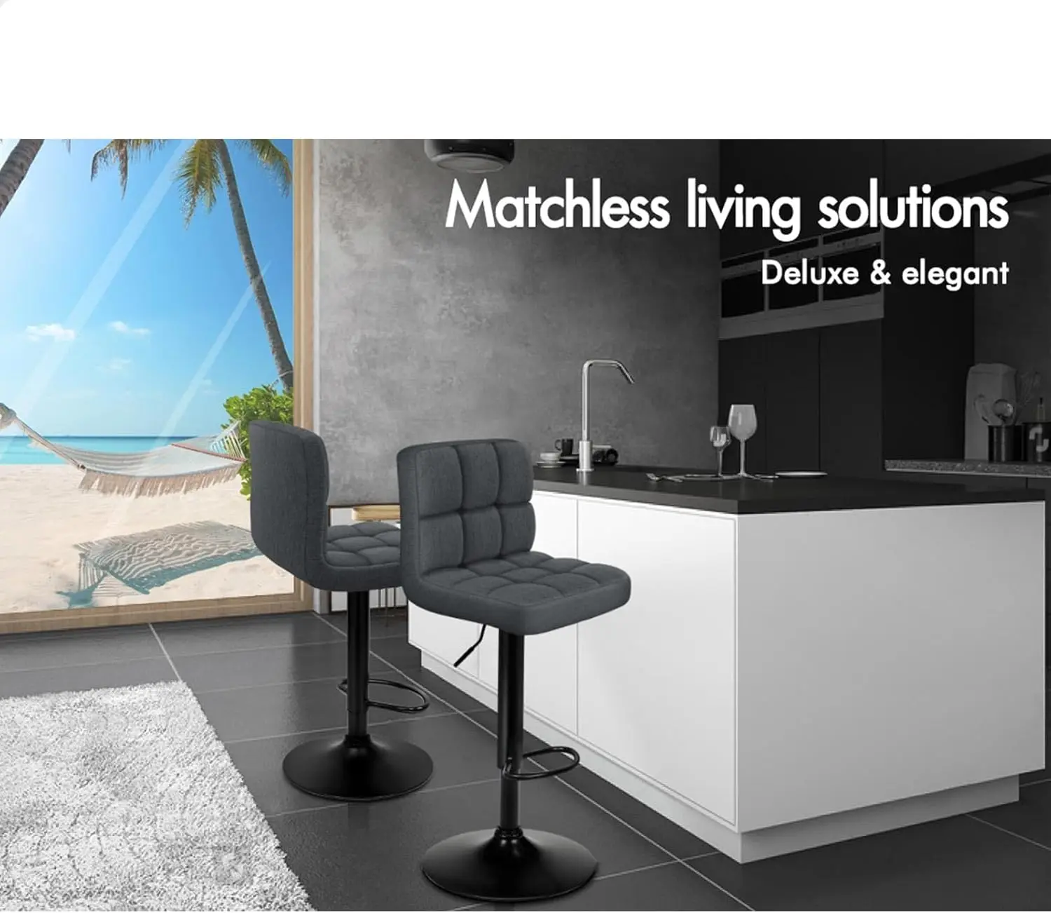 مجموعة مقاعد بار مكونة من 2 مقاعد مطبخ قابلة للتعديل، مقاعد دوارة للبار، كرسي طعام من القماش في ارتفاع المقعد 62-83 سم مع فلو #5