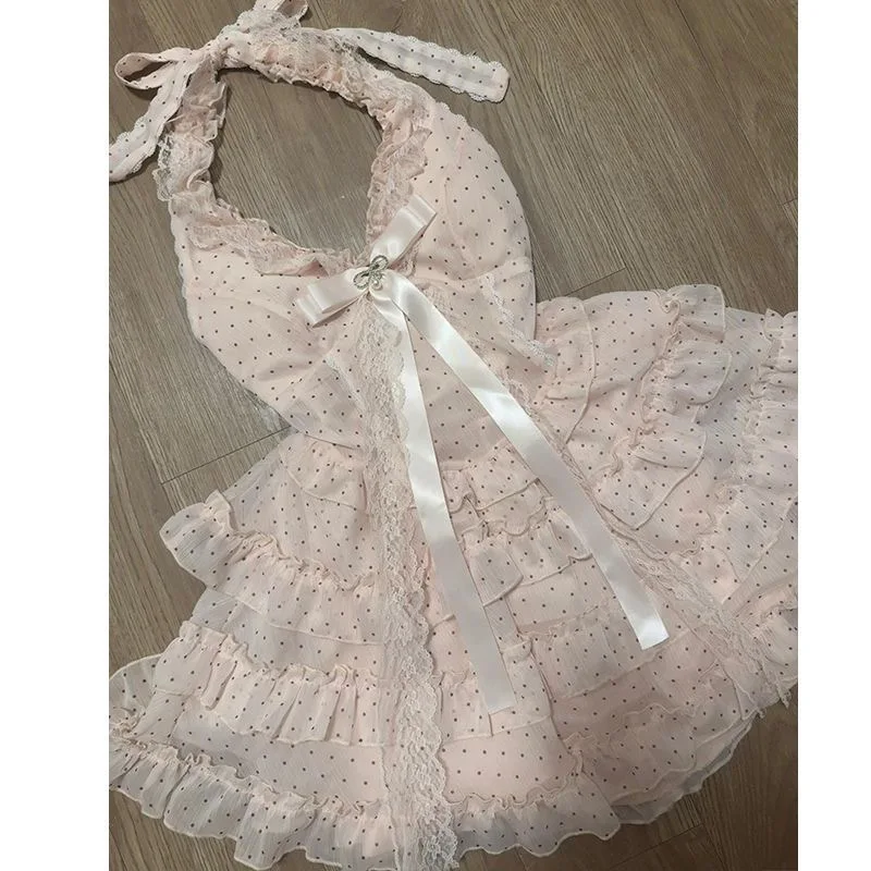 Vestido de fada halter feminino em camadas plissado mini vestido elegante arco renda estilo doce sem mangas saia branca verão roupa fina 2025