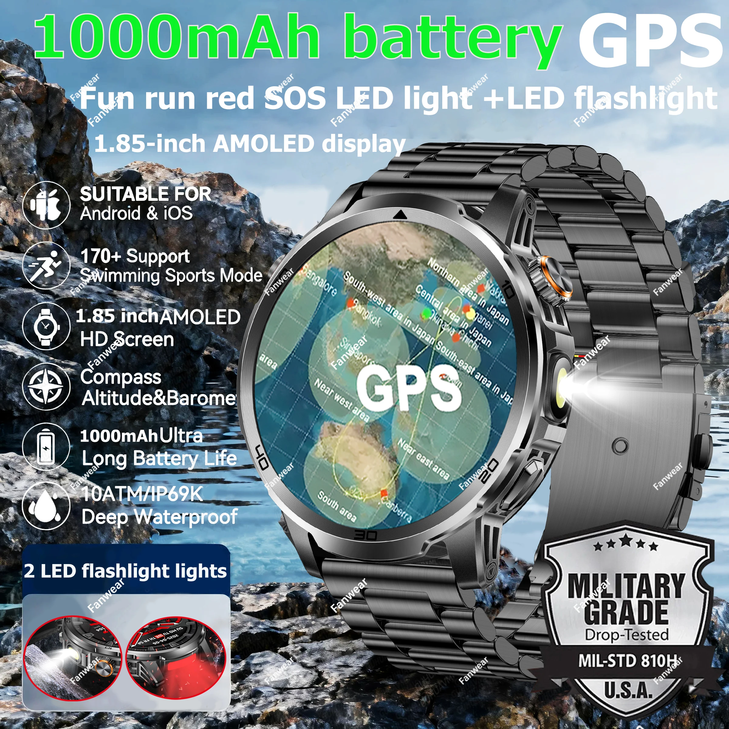 

Military sturdy smart watch men's SOS distress light +LED flashlight 1000 mAh battery GPS track IP68 waterproof 100 days standby