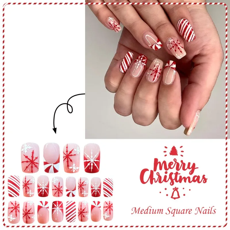 24개 가짜 손톱 크리스마스 테마의 빨간색과 흰색 색상이 블록된 손톱과 빨간색과 흰색 눈송이 사탕 디자인 프레스온 네일