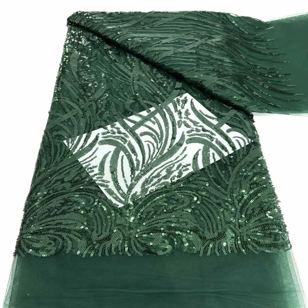 

Heavy Work Green Mesh Beads Embroidered Shiny Sequins Hollow out Fabric Chinese Style Wedding Dress Lace Material