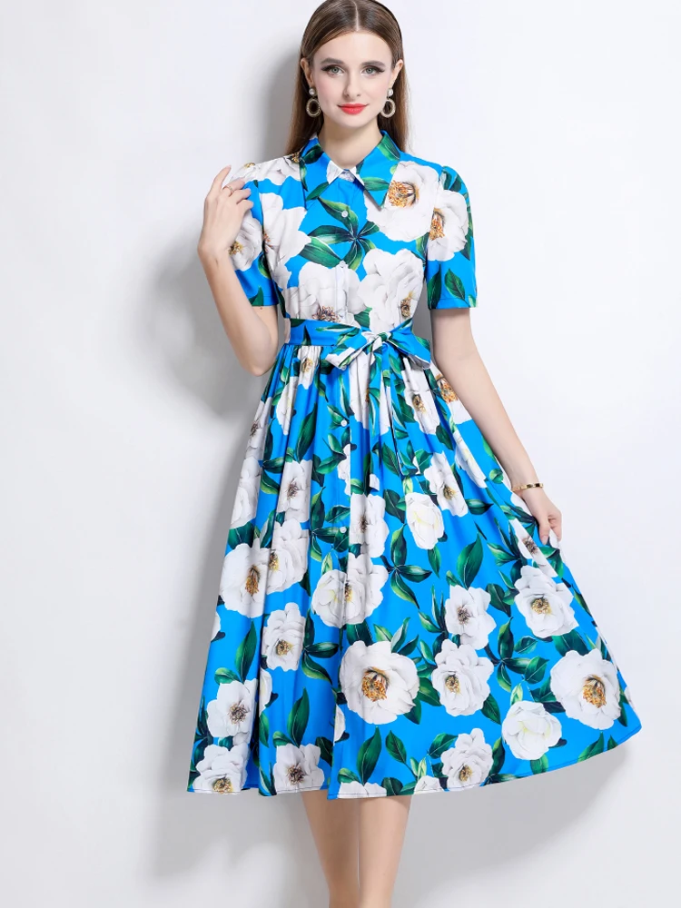 2025 新しい夏のファッション花柄シャツドレス女性のための半袖ラペル女性 Signle ブレストベルトホリデーパーティードレス