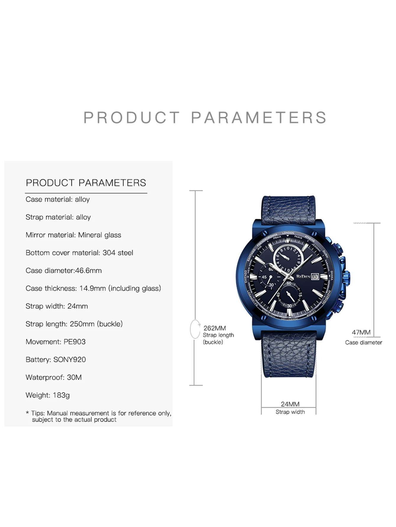 Luxury brand BIDEN men\'s watch large dial waterproof calendar multifunctional leisure sports clock blue leather quartz watch