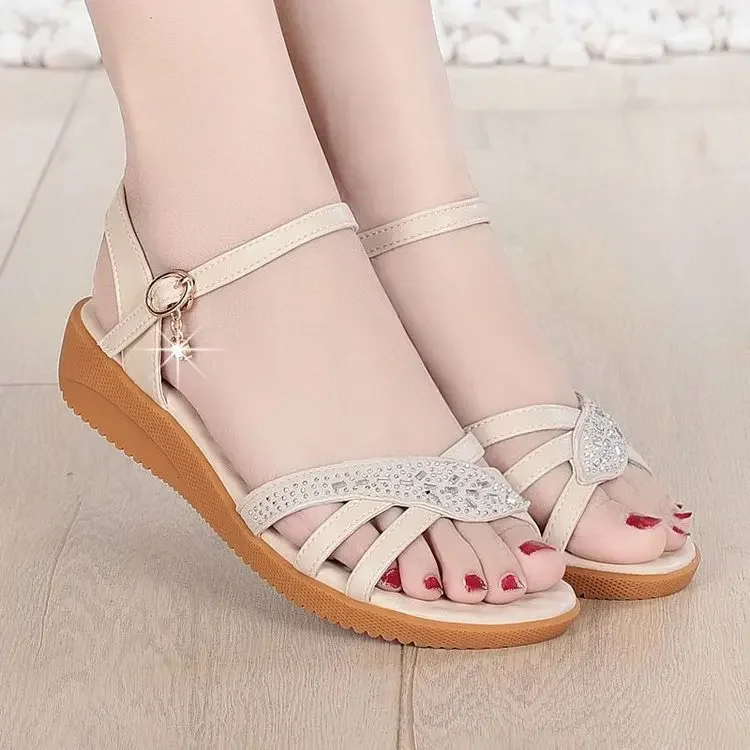 Glitzernde Keilsandalen für Damen mit Strass-Knöchelriemen, offener Zehenpartie, weicher Sohle, bequeme Freizeitschuhe für den täglichen Sommergebrauch – Detail 3