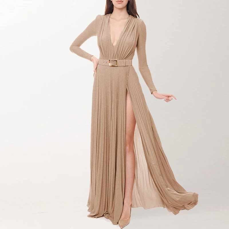 Sexy High Waist Belted Ruched Pleated Luxury Dresses Women Spring V Neck Split Party Long Dress Fall Long Sleeve Boho Maxi Dress
