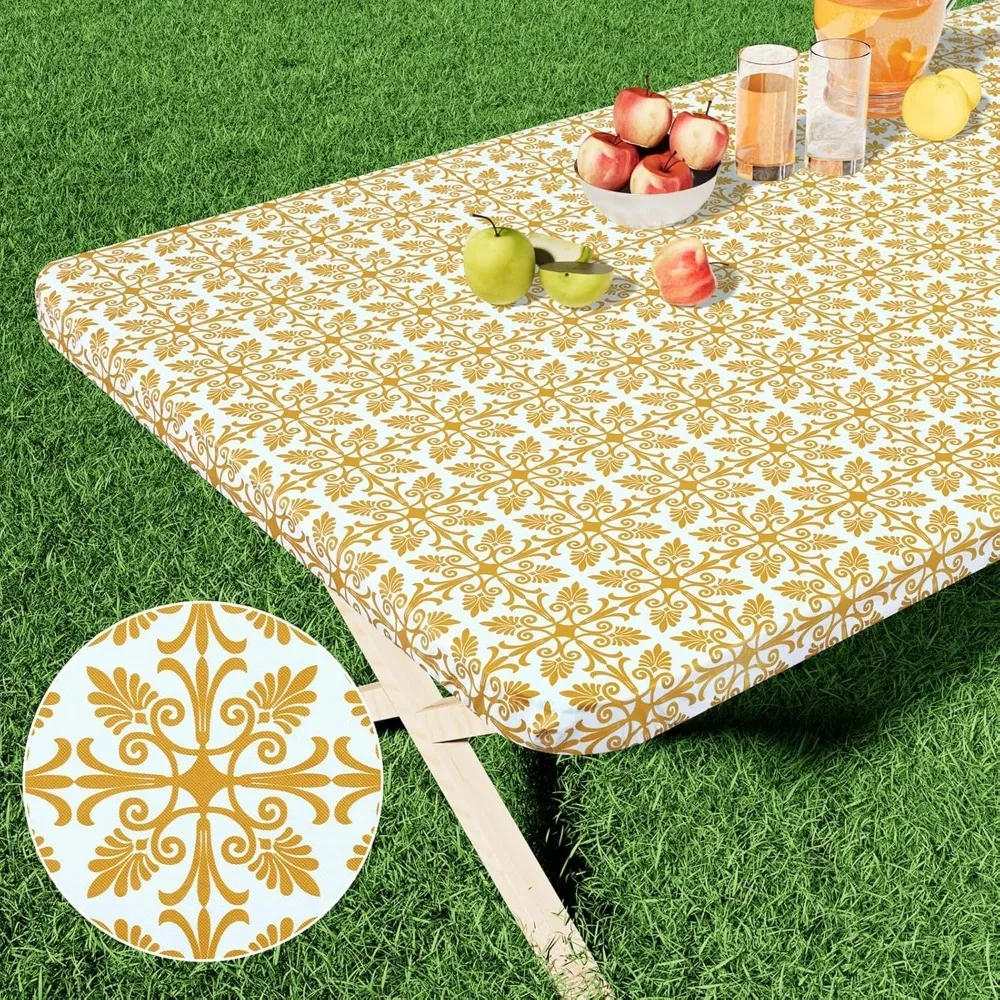 Rectangular Baroque Print Elastic Fitted Tablecloth Scratch Proof Non-slip Elastic Table Sheet Heat-resistant Waterproof