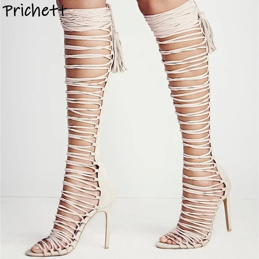 

Beige Narrow Band Runway Sandals Boots Fringe Back Zipper Lace Up Peep Toe High Heels Shoes Women's Summer Hollow Boots 2025