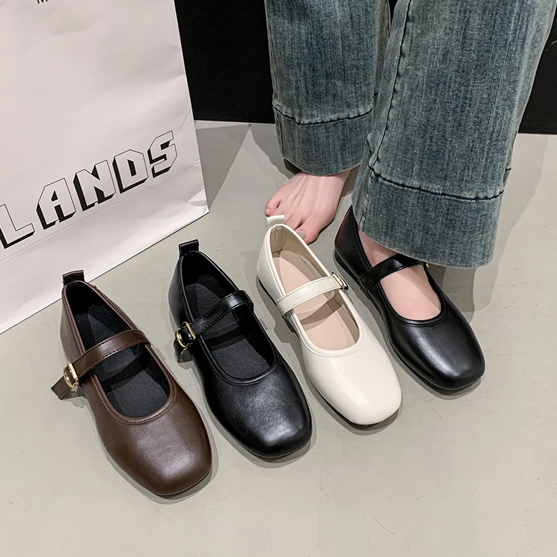 Mary Jane Flat Shoes Women's Square Head Buckle Fairy Style Versatile Spring Autumn New Arrival Bean Bean Shoes Anti-Slip Rub...