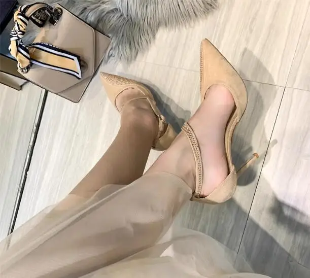 Elegant Women Nude Black Suede Sequined Drill Pointed Toe Cross Strap Ankle Buckle 5 7 9 CM Stiletto Heel Summer Sandals Shoes