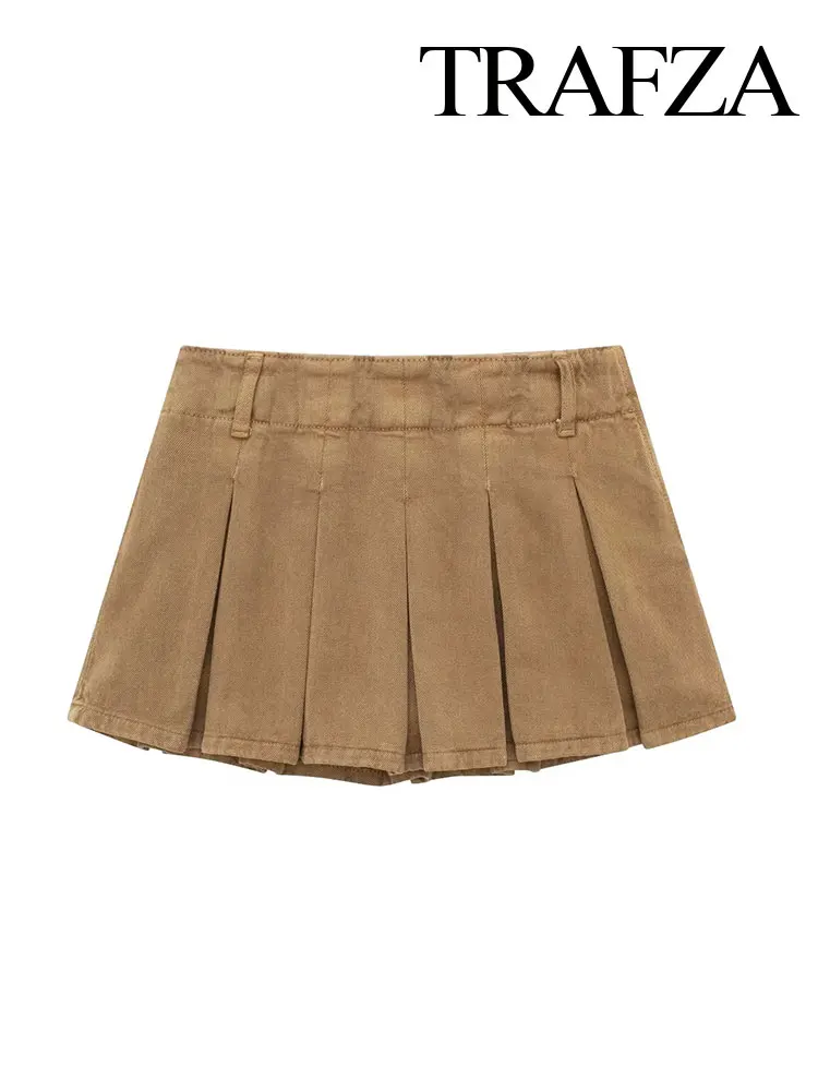 TRAFZA Women's Summer Low Waist Pleated Side Pull Casual Skirt Ultra Short Women's Mini Skirt Retro Khaki Short Culottes Y2K