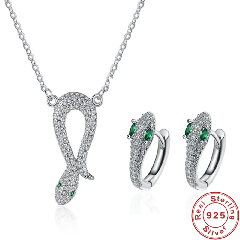 LiHong 925 Sterling Silver Snake Jewelry Set for Women Vintage Luxury Crystal Platinum Plated Snake Earrings Necklace