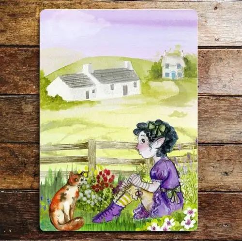 Pixie girl purple dress cat countryside metal sign plaque