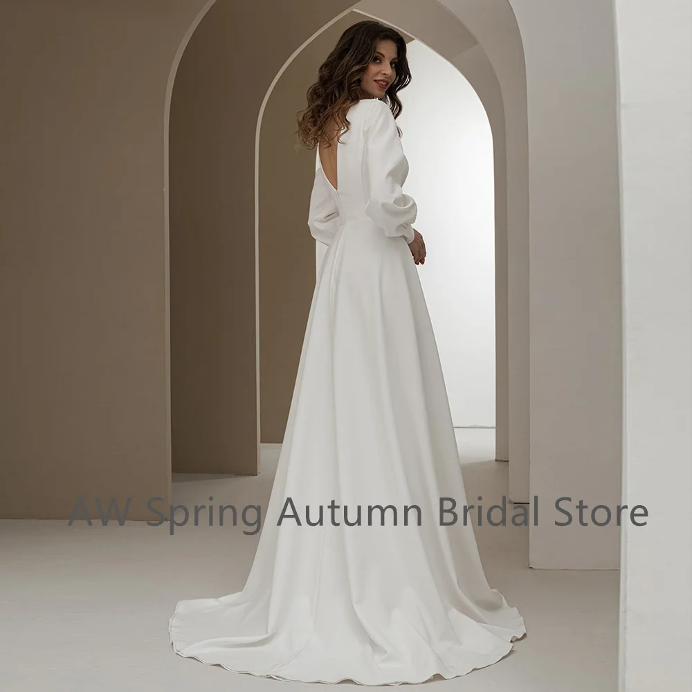 2022 langen Ärmeln Hohe Schlitz Plain Satin Hochzeit Kleid Einfache vestido de noiva Weiß EINE Linie Boot-ausschnitt Open Back brautkleider