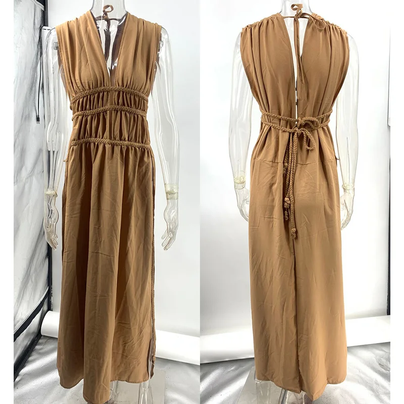 Women Sexy Dresses 2024 Sleeveless Slim Lace UP Hollow Out Midi Long Dress Women Sexy Split Side Solid Streetwear Dresses