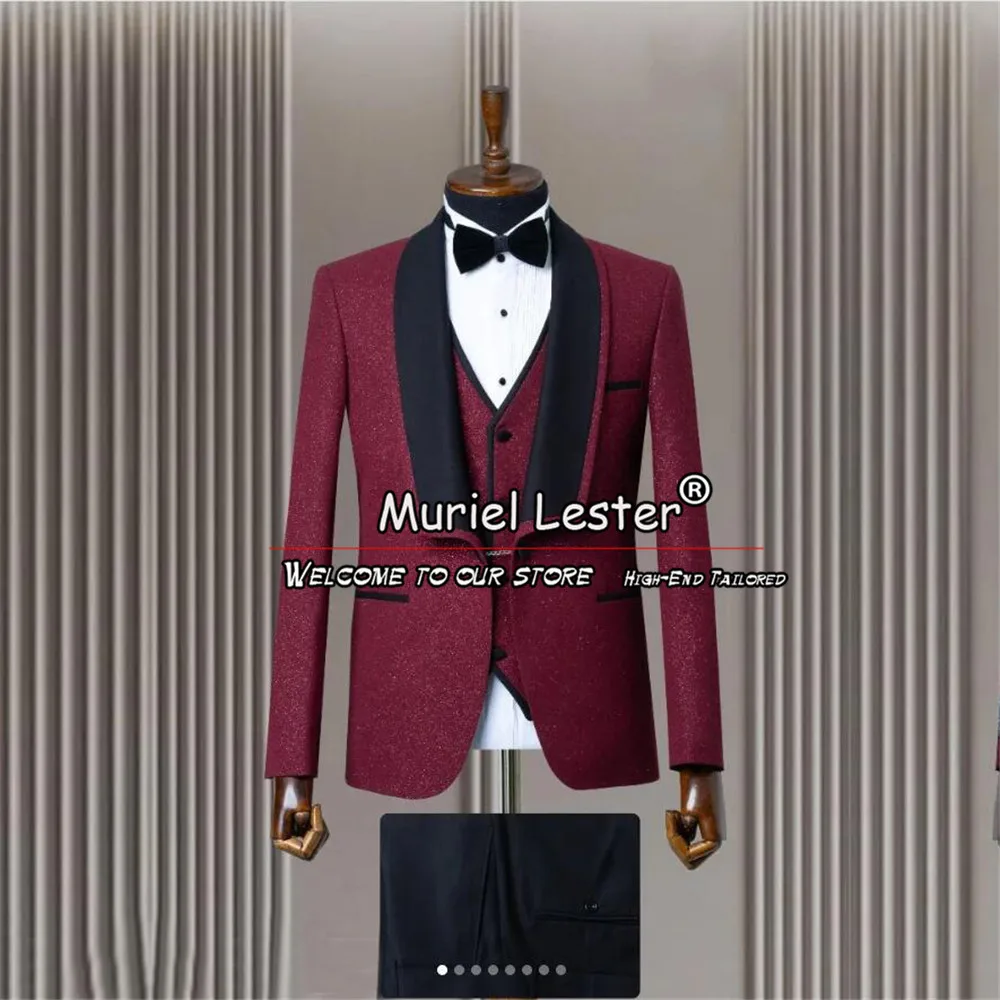 

Banquet Burgundy Men Suits Slim Fit Black Notch Lapel Sparkly Jacket Vest Pants 3 PCS Formal Groom Wedding Tuxedos Costume Homme