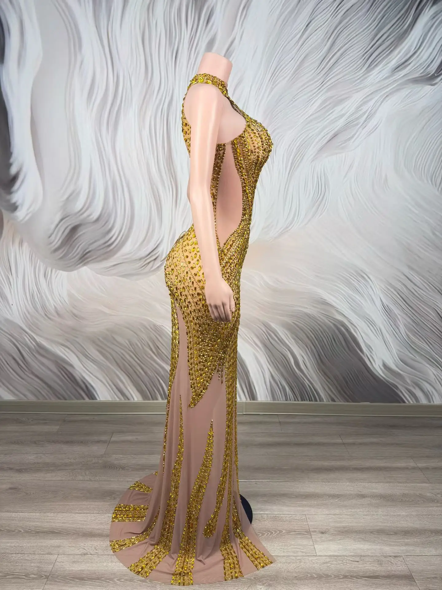 Jinchan Gold Rhinestone Mermaid Evening Gown High Neck Deep Cutout Sheer Mesh High Slit Long Party Dress - view 5