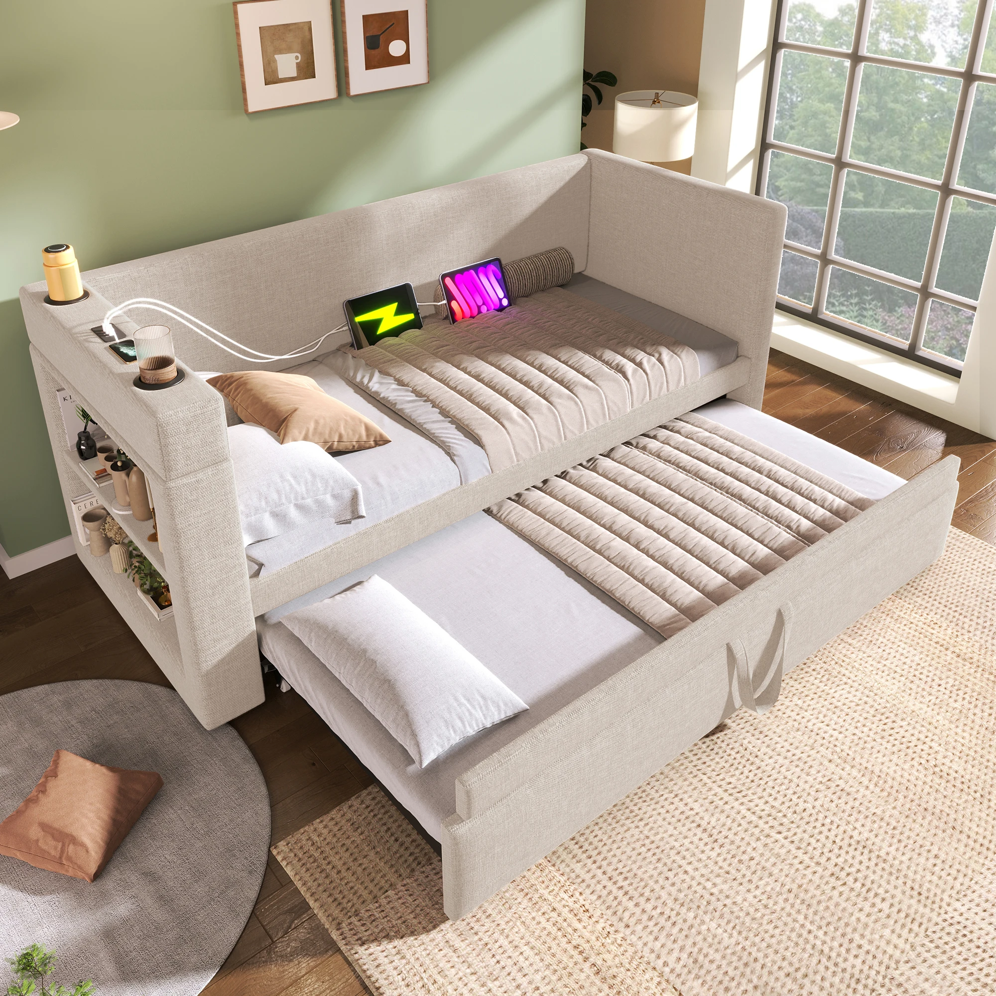 Lit gigogne 90x190 cm - Lit enfant avec ports USB et Type-C, porte-gobelet, sans matelas, tissu lin, beige