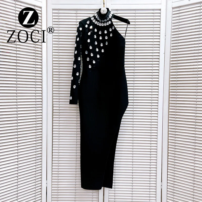 [ZOCI] Heavy Industry's High-end Handmade Nail Drill Single Shoulder Long Sleeved Party Dress Exposed Legs, Bandage