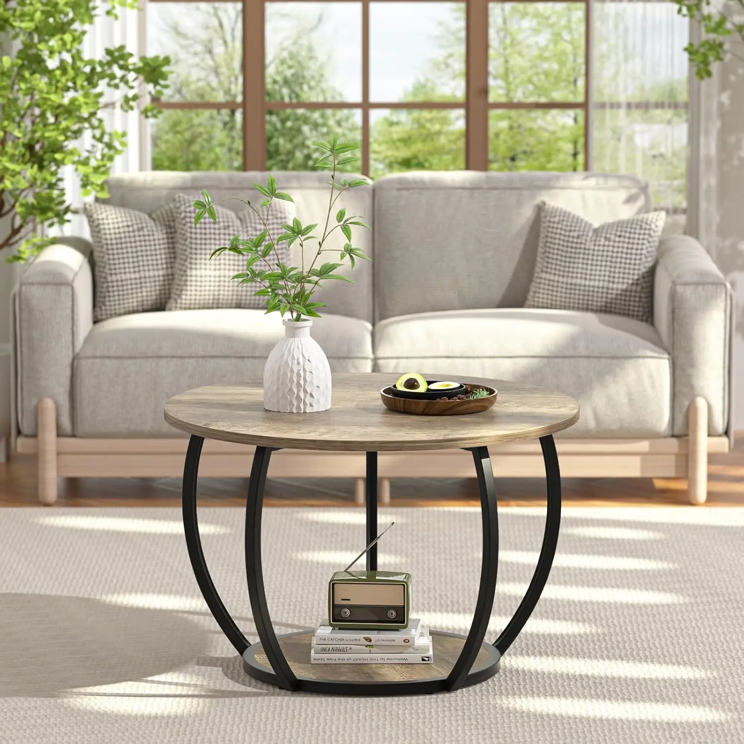 Greenforest Round Coffee Table With Storage, 27.6 Inch Small Living Room Tables With Adjustable Feet, 2-Tier Farmhouse Center