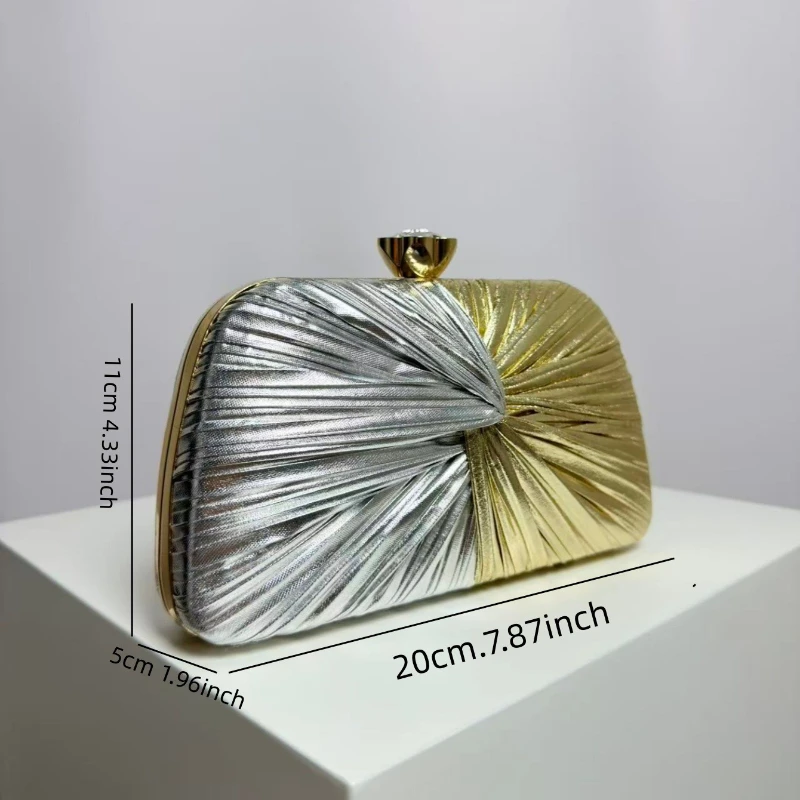Metallic Silver Gold Pleated Clutch Women Fashionable Criss-cross Knot Evening Handbag Contrast Color Formal Party Purse Bolsos