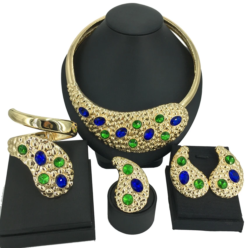 Hot Sale Italian Gold Plated Necklace Earrings Bracelet Ring Elegant Luxury Ladies Christmas Party Wedding Jewelry Set FHK14400