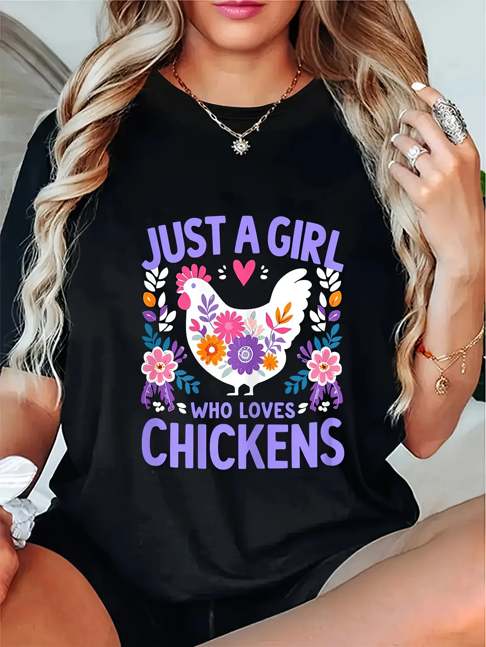 Women's "Only Love Chicken" T-Shirt - Casual Crew Neck Short Sleeve Top, Printed with Floral and Chicken Designs, Lightweight in