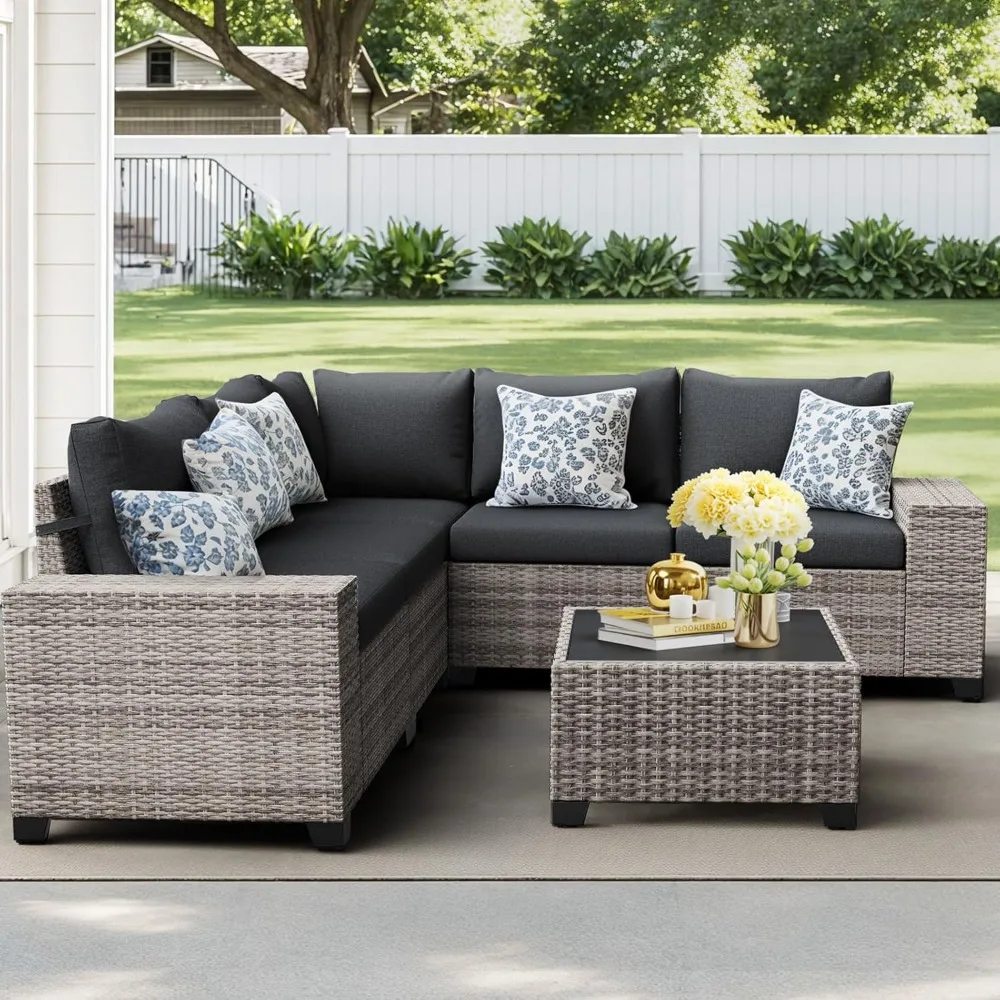 6-Piece Outdoor Patio Furniture Set Powder-coated frame and hand-woven polyethylene rattan for all-weather durability