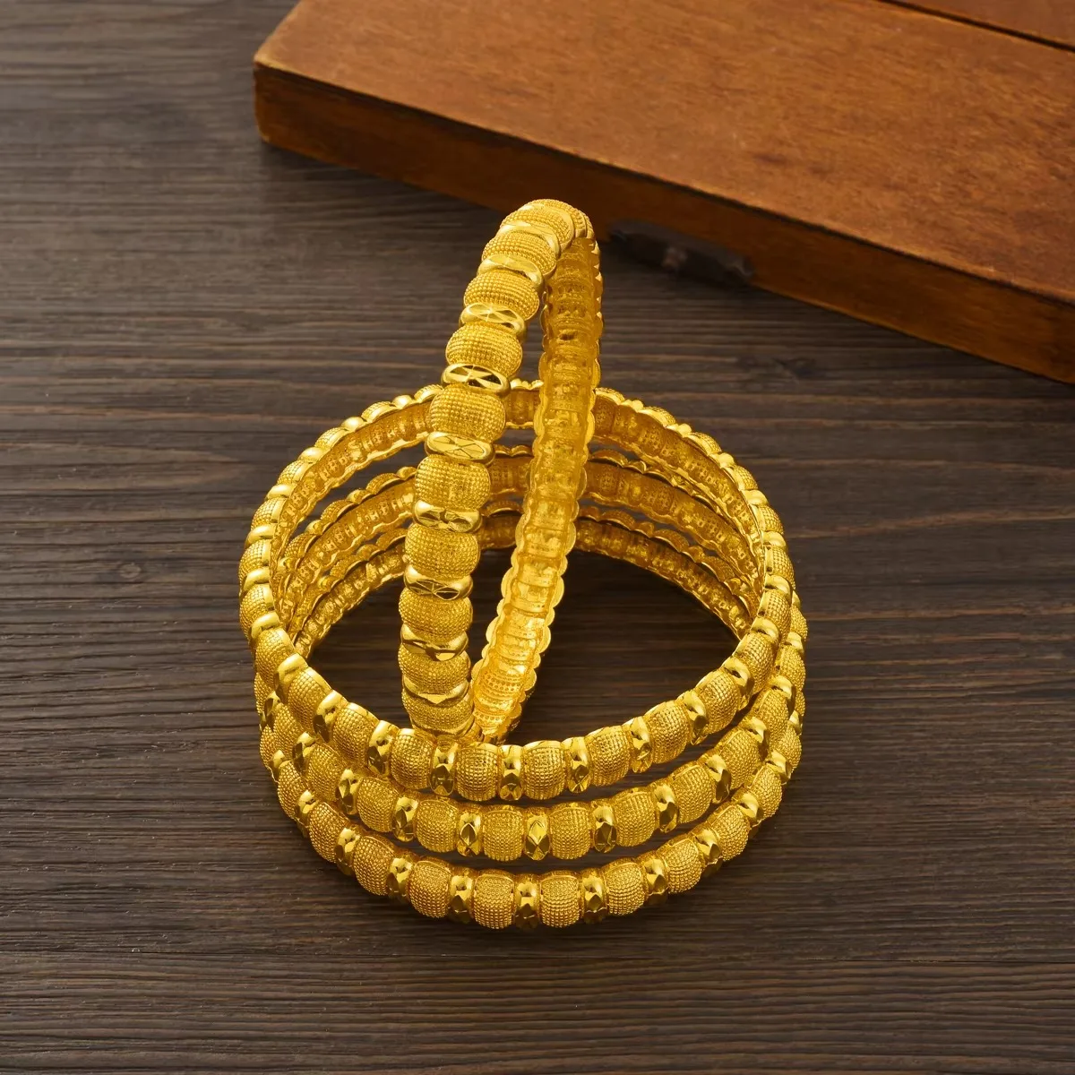 4Pcs Gold Tone Beaded Textured Bangle Set for Women, Vintage Hinged Carved Bracelet, Ethnic Dubai African Wedding Jewelry Gift