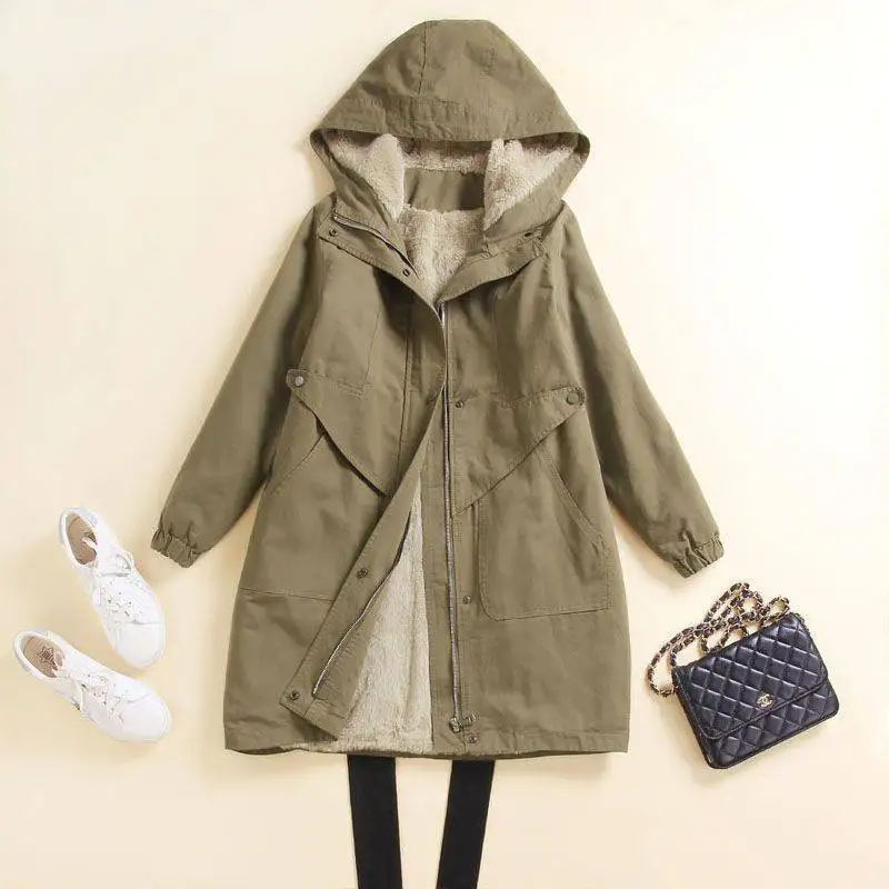 

Parkas Women Mid Length Coats Hooded Zipper Jackets Full Sleeve Thick Y2k Streetwear Elegant Jacket Work Coat Autumn Winter 2025