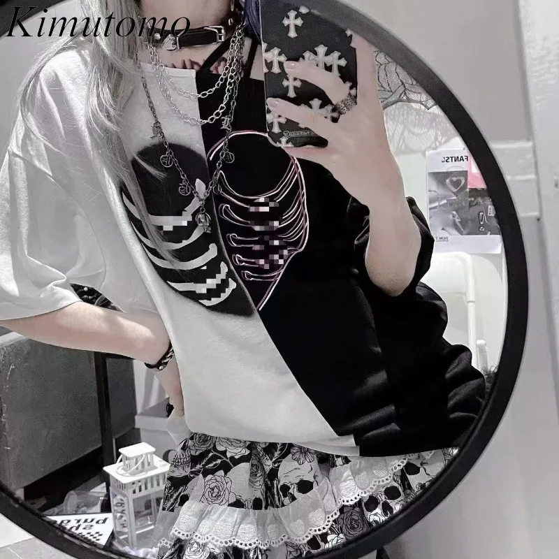

Kimutomo женские футболки с сердечками в стиле пэчворк Y2k эстетический панк-стиль свободные с открытыми плечами сексуальные топы с короткими рукавами в стиле Харадзюку гранж