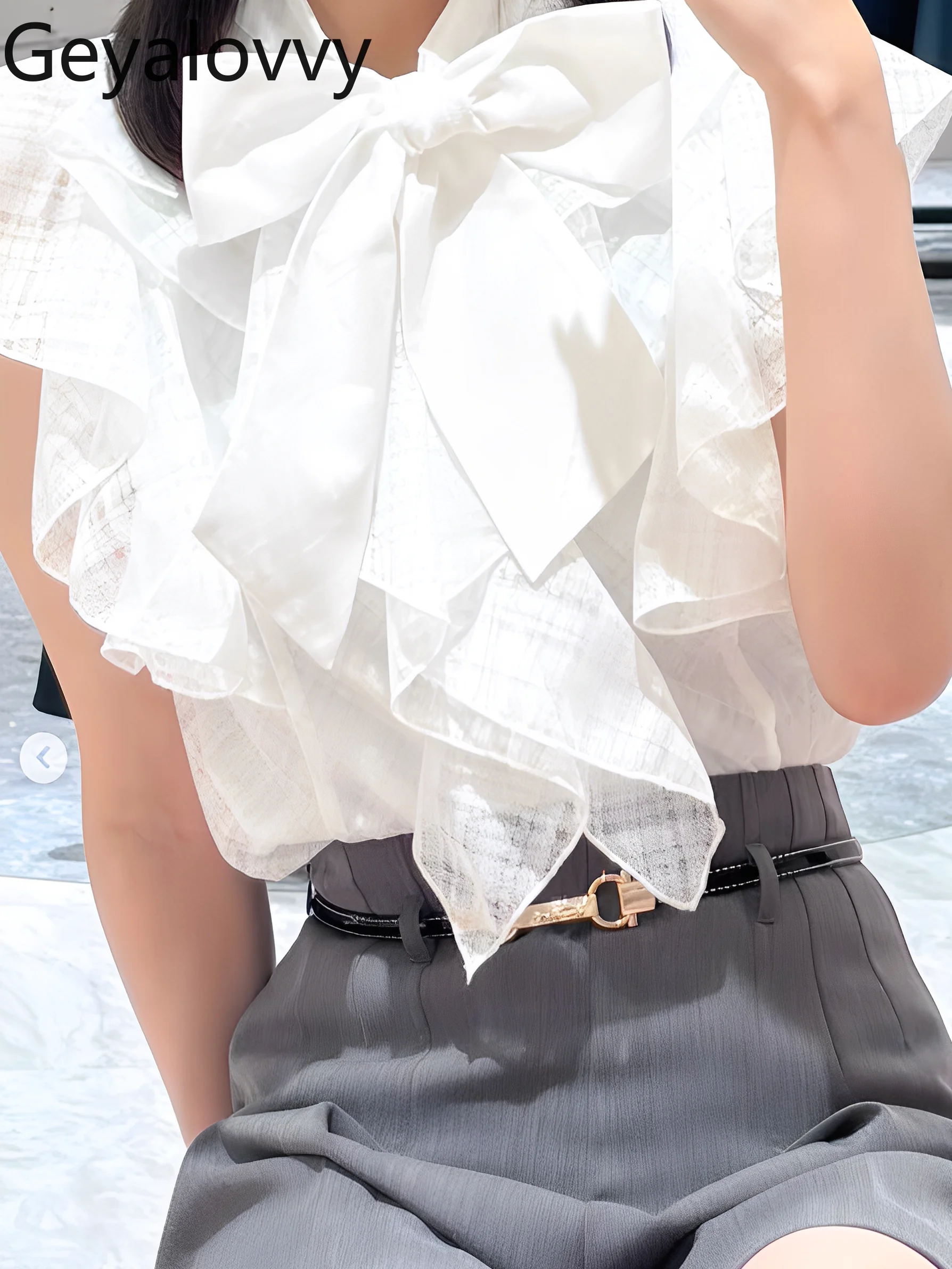 2025 nuevo estilo japonés blusas de Color sólido a cuadros borde con volantes con cordones cárdigan con lazo Top para mujer camisa blanca versátil para ir al trabajo